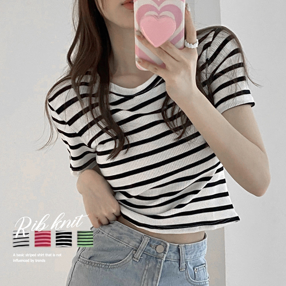 リブ編みニットレディースボーダーTシャツ