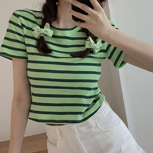リブ編みニットレディースボーダーTシャツ ラウンドネックtシャツ カラーtシャツ クロップド へそ出し 半袖 オルチャンサマートップス 配色ライン 服 ストレッチ 21SHANGYI-047