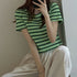 リブ編みニットレディースボーダーTシャツ ラウンドネックtシャツ カラーtシャツ クロップド へそ出し 半袖 オルチャンサマートップス 配色ライン 服 ストレッチ 21SHANGYI-047