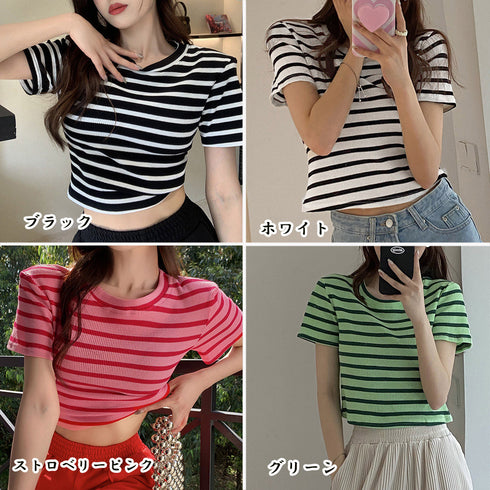 リブ編みニットレディースボーダーTシャツ ラウンドネックtシャツ カラーtシャツ クロップド へそ出し 半袖 オルチャンサマートップス 配色ライン 服 ストレッチ 21SHANGYI-047