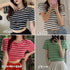 リブ編みニットレディースボーダーTシャツ ラウンドネックtシャツ カラーtシャツ クロップド へそ出し 半袖 オルチャンサマートップス 配色ライン 服 ストレッチ 21SHANGYI-047