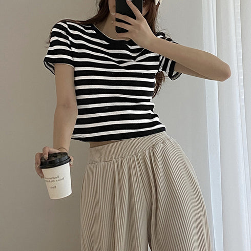 リブ編みニットレディースボーダーTシャツ ラウンドネックtシャツ カラーtシャツ クロップド へそ出し 半袖 オルチャンサマートップス 配色ライン 服 ストレッチ 21SHANGYI-047