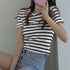 リブ編みニットレディースボーダーTシャツ ラウンドネックtシャツ カラーtシャツ クロップド へそ出し 半袖 オルチャンサマートップス 配色ライン 服 ストレッチ 21SHANGYI-047