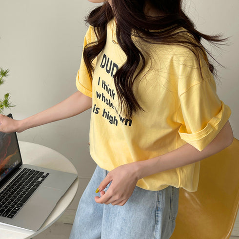 英字ロゴプリント半袖Tシャツスリット入り ラウンドネックTシャツ レディース ゆったり プルオーバー 体型カバー 半袖 大人カジュアル 前後差 夏服 韓国風 通学 21SHANGYI-050
