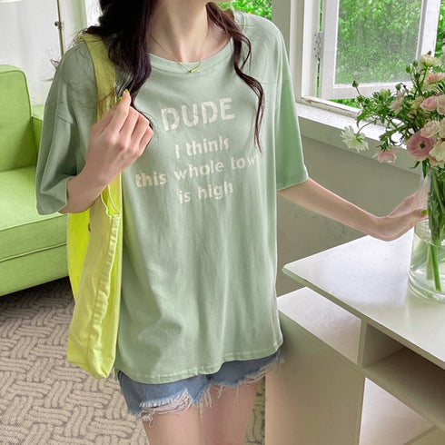 英字ロゴプリント半袖Tシャツスリット入り ラウンドネックTシャツ レディース ゆったり プルオーバー 体型カバー 半袖 大人カジュアル 前後差 夏服 韓国風 通学 21SHANGYI-050