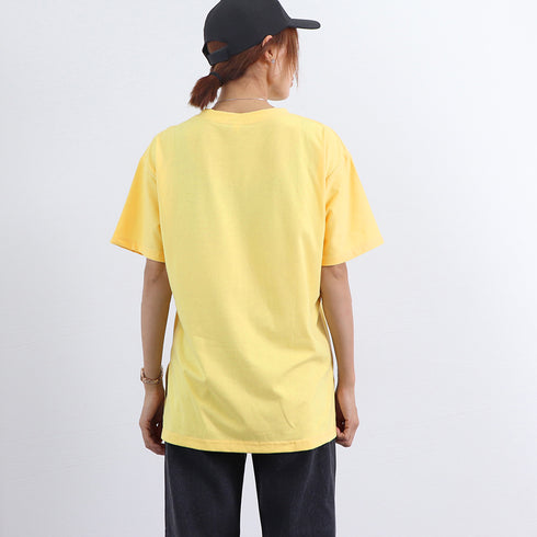 英字ロゴプリント半袖Tシャツスリット入り ラウンドネックTシャツ レディース ゆったり プルオーバー 体型カバー 半袖 大人カジュアル 前後差 夏服 韓国風 通学 21SHANGYI-050