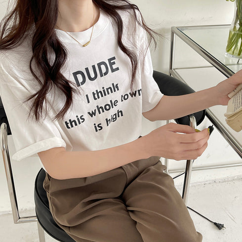英字ロゴプリント半袖Tシャツスリット入り ラウンドネックTシャツ レディース ゆったり プルオーバー 体型カバー 半袖 大人カジュアル 前後差 夏服 韓国風 通学 21SHANGYI-050