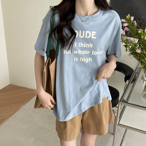 英字ロゴプリント半袖Tシャツスリット入り ラウンドネックTシャツ レディース ゆったり プルオーバー 体型カバー 半袖 大人カジュアル 前後差 夏服 韓国風 通学 21SHANGYI-050