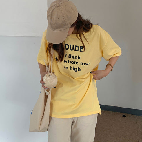 英字ロゴプリント半袖Tシャツスリット入り ラウンドネックTシャツ レディース ゆったり プルオーバー 体型カバー 半袖 大人カジュアル 前後差 夏服 韓国風 通学 21SHANGYI-050
