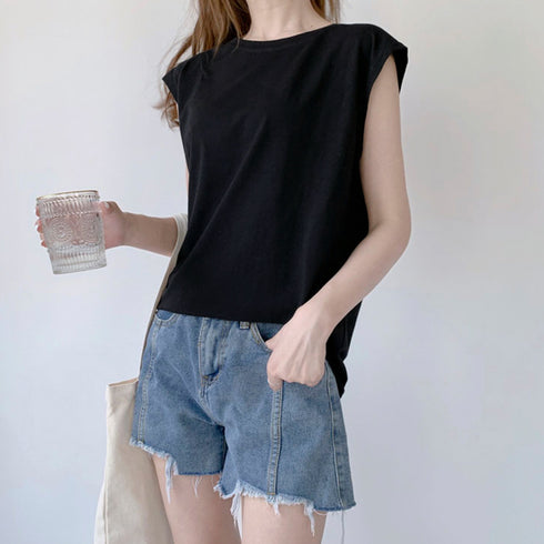 フレンチスリーブ無地シャツ大人カジュアル シャツ 夏トップス コットン ストレッチ クルーネックプルオーバー きれいめ オフィスコーデ ベーシック 20代30代 21SHANGYI-053