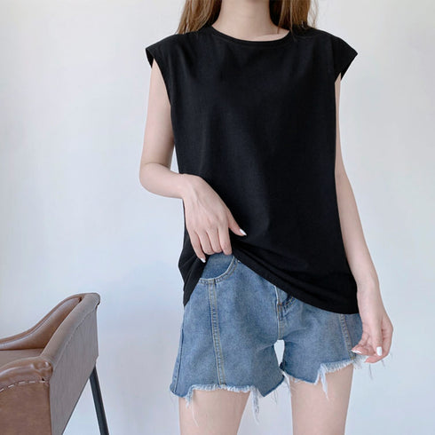 フレンチスリーブ無地シャツ大人カジュアル シャツ 夏トップス コットン ストレッチ クルーネックプルオーバー きれいめ オフィスコーデ ベーシック 20代30代 21SHANGYI-053