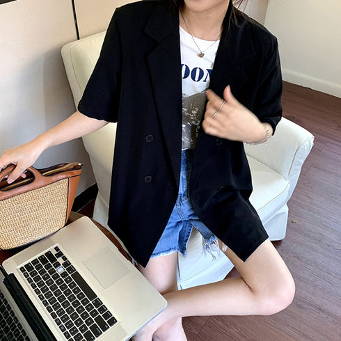 半袖テーラードジャケットオルチャン夏新作 ベーシックジャケット Vネック レディース 襟付き 夏トップス 細見え カラーシャツ 大人かわいい アウター 韓国風夏服 21SHANGYI-056