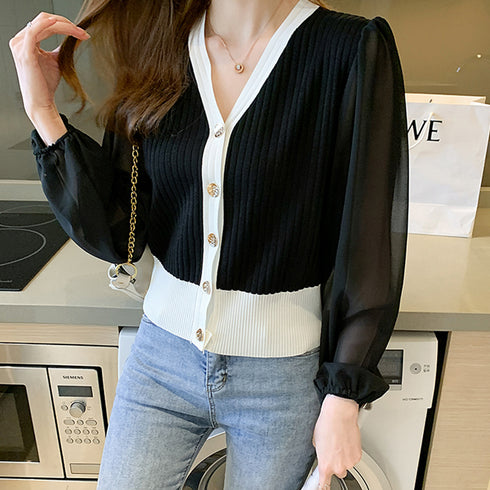 レディース ニットトップス 韓国風 秋服 シフォンニット切り替え リブニット Vネック 女性 長袖 異素材ニットウェア ストレッチ シースルー 袖 ニットセーター 21SHANGYI-059