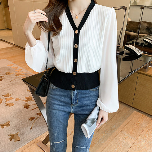 レディース ニットトップス 韓国風 秋服 シフォンニット切り替え リブニット Vネック 女性 長袖 異素材ニットウェア ストレッチ シースルー 袖 ニットセーター 21SHANGYI-059