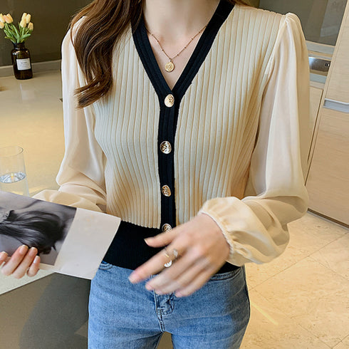 レディース ニットトップス 韓国風 秋服 シフォンニット切り替え リブニット Vネック 女性 長袖 異素材ニットウェア ストレッチ シースルー 袖 ニットセーター 21SHANGYI-059