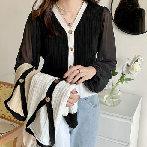 レディース ニットトップス 韓国風 秋服 シフォンニット切り替え リブニット Vネック 女性 長袖 異素材ニットウェア ストレッチ シースルー 袖 ニットセーター 21SHANGYI-059