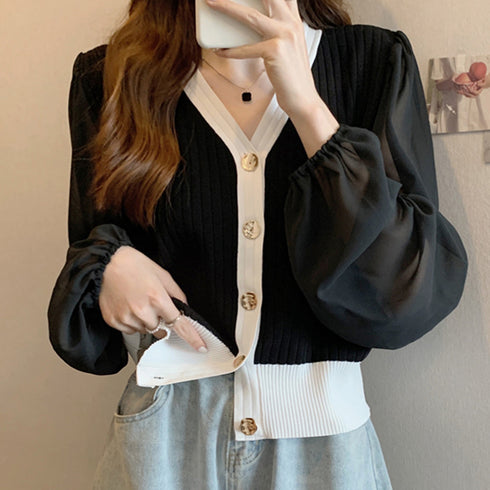 レディース ニットトップス 韓国風 秋服 シフォンニット切り替え リブニット Vネック 女性 長袖 異素材ニットウェア ストレッチ シースルー 袖 ニットセーター 21SHANGYI-059