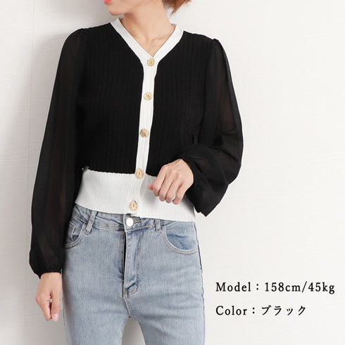 レディース ニットトップス 韓国風 秋服 シフォンニット切り替え リブニット Vネック 女性 長袖 異素材ニットウェア ストレッチ シースルー 袖 ニットセーター 21SHANGYI-059