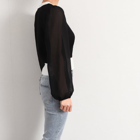 レディース ニットトップス 韓国風 秋服 シフォンニット切り替え リブニット Vネック 女性 長袖 異素材ニットウェア ストレッチ シースルー 袖 ニットセーター 21SHANGYI-059