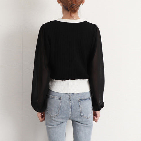 レディース ニットトップス 韓国風 秋服 シフォンニット切り替え リブニット Vネック 女性 長袖 異素材ニットウェア ストレッチ シースルー 袖 ニットセーター 21SHANGYI-059
