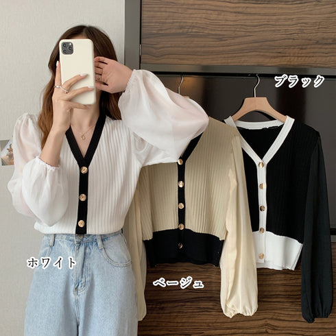 レディース ニットトップス 韓国風 秋服 シフォンニット切り替え リブニット Vネック 女性 長袖 異素材ニットウェア ストレッチ シースルー 袖 ニットセーター 21SHANGYI-059