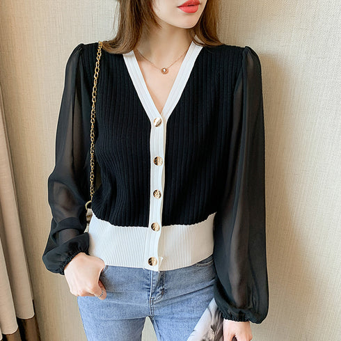 レディース ニットトップス 韓国風 秋服 シフォンニット切り替え リブニット Vネック 女性 長袖 異素材ニットウェア ストレッチ シースルー 袖 ニットセーター 21SHANGYI-059
