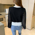 レディース ニットトップス 韓国風 秋服 シフォンニット切り替え リブニット Vネック 女性 長袖 異素材ニットウェア ストレッチ シースルー 袖 ニットセーター 21SHANGYI-059