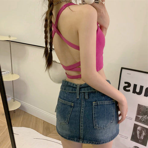 背中あきインナーレディース キャミソール バッククロスキャミソール カップ付き セクシー下着 ブラキャミ 背中開き Uネック 厚カップインナー リブブラトップ 黒 21SHANGYI-064