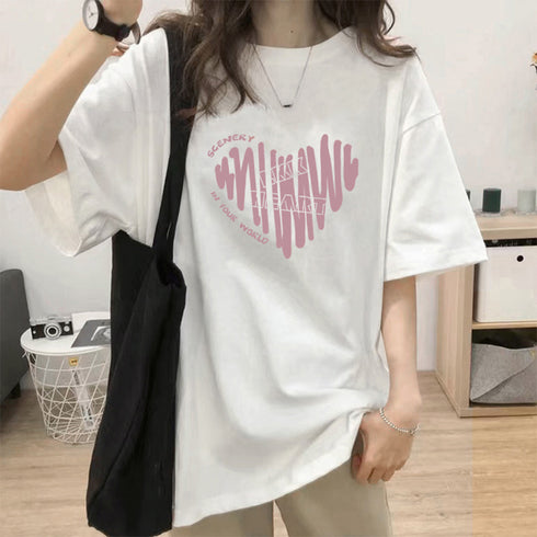 半袖Tシャツレディース 夏 ロゴ 韓国風 クルーネック tシャツ 半袖 ゆったり プルオーバー 夏トップス 体型カバー 配色ビッグTシャツ ハート ロゴプリント 21SHANGYI-069