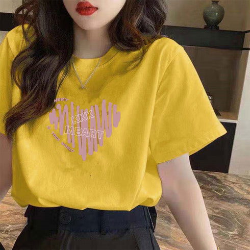 半袖Tシャツレディース 夏 ロゴ 韓国風 クルーネック tシャツ 半袖 ゆったり プルオーバー 夏トップス 体型カバー 配色ビッグTシャツ ハート ロゴプリント 21SHANGYI-069