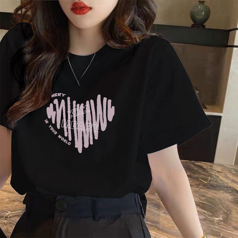半袖Tシャツレディース 夏 ロゴ 韓国風 クルーネック tシャツ 半袖 ゆったり プルオーバー 夏トップス 体型カバー 配色ビッグTシャツ ハート ロゴプリント 21SHANGYI-069