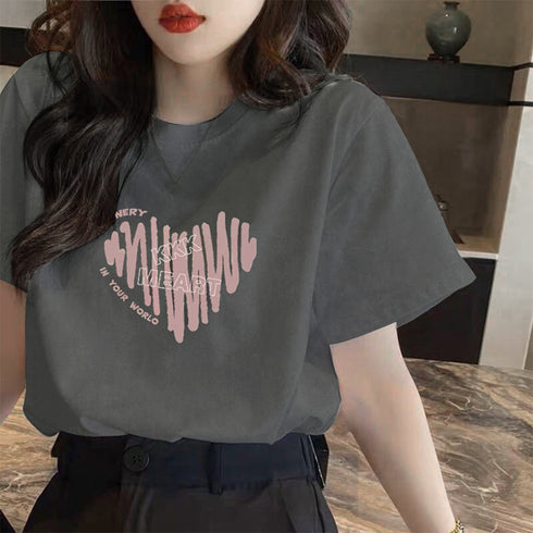 半袖Tシャツレディース 夏 ロゴ 韓国風 クルーネック tシャツ 半袖 ゆったり プルオーバー 夏トップス 体型カバー 配色ビッグTシャツ ハート ロゴプリント 21SHANGYI-069