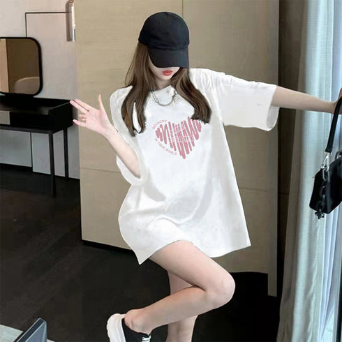 半袖Tシャツレディース 夏 ロゴ 韓国風 クルーネック tシャツ 半袖 ゆったり プルオーバー 夏トップス 体型カバー 配色ビッグTシャツ ハート ロゴプリント 21SHANGYI-069