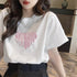 半袖Tシャツレディース 夏 ロゴ 韓国風 クルーネック tシャツ 半袖 ゆったり プルオーバー 夏トップス 体型カバー 配色ビッグTシャツ ハート ロゴプリント 21SHANGYI-069