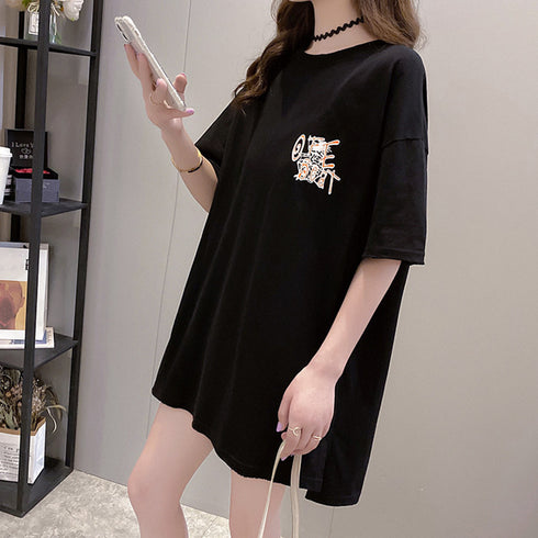 プリントTシャツ チュニックロンt 半袖 バックプリントTシャツ レディース オーバーサイズ カットソー オルチャン 韓国風 ロングtシャツ ビッグシルエット 白 21SHANGYI-070
