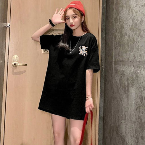 プリントTシャツ チュニックロンt 半袖 バックプリントTシャツ レディース オーバーサイズ カットソー オルチャン 韓国風 ロングtシャツ ビッグシルエット 白 21SHANGYI-070