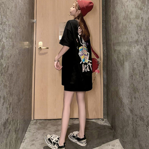 プリントTシャツ チュニックロンt 半袖 バックプリントTシャツ レディース オーバーサイズ カットソー オルチャン 韓国風 ロングtシャツ ビッグシルエット 白 21SHANGYI-070