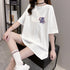 プリントTシャツ チュニックロンt 半袖 バックプリントTシャツ レディース オーバーサイズ カットソー オルチャン 韓国風 ロングtシャツ ビッグシルエット 白 21SHANGYI-070