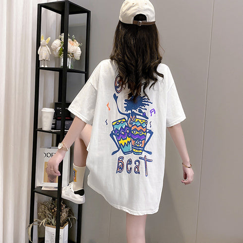 プリントTシャツ チュニックロンt 半袖 バックプリントTシャツ レディース オーバーサイズ カットソー オルチャン 韓国風 ロングtシャツ ビッグシルエット 白 21SHANGYI-070