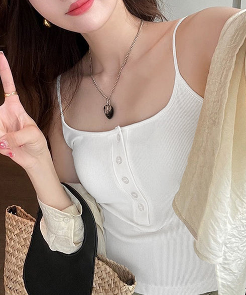 カップ付きUネックキャミソールレディース ブラキャミ キャミソール 胸元セクシー インナートップス リブ綿混素材 ボタン 肌着 柔らかい ストレッチ 無地トップス 21SHANGYI-075