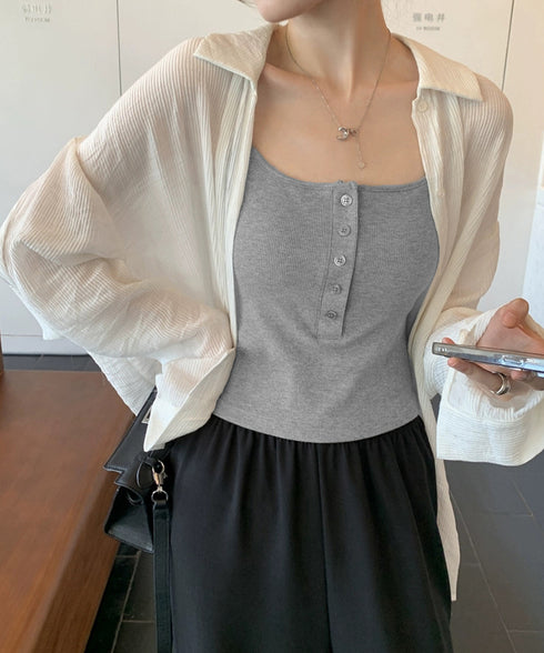カップ付きUネックキャミソールレディース ブラキャミ キャミソール 胸元セクシー インナートップス リブ綿混素材 ボタン 肌着 柔らかい ストレッチ 無地トップス 21SHANGYI-075
