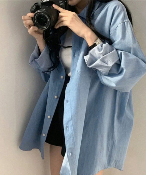 ビッグデニムシャツレディース重ね着お洒落 レイヤードビッグシャツ ゆったり カジュアルロングシャツ 体型カバー春秋トップス レトロ デニムチュニック 袖ボリューム 21SHANGYI-077