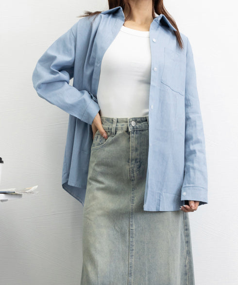 ビッグデニムシャツレディース重ね着お洒落 レイヤードビッグシャツ ゆったり カジュアルロングシャツ 体型カバー春秋トップス レトロ デニムチュニック 袖ボリューム 21SHANGYI-077