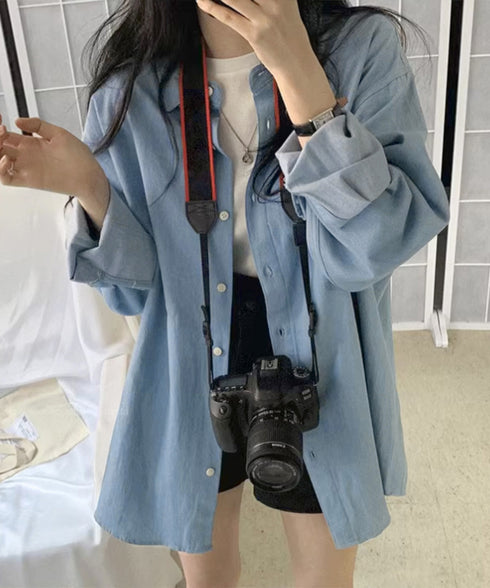 ビッグデニムシャツレディース重ね着お洒落 レイヤードビッグシャツ ゆったり カジュアルロングシャツ 体型カバー春秋トップス レトロ デニムチュニック 袖ボリューム 21SHANGYI-077