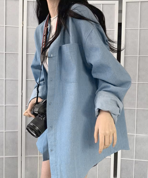 ビッグデニムシャツレディース重ね着お洒落 レイヤードビッグシャツ ゆったり カジュアルロングシャツ 体型カバー春秋トップス レトロ デニムチュニック 袖ボリューム 21SHANGYI-077