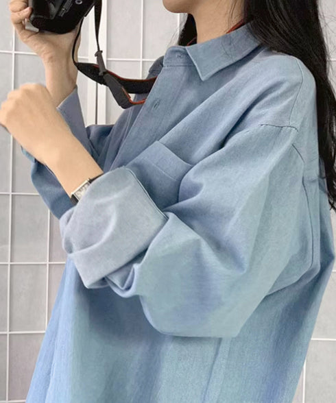 ビッグデニムシャツレディース重ね着お洒落 レイヤードビッグシャツ ゆったり カジュアルロングシャツ 体型カバー春秋トップス レトロ デニムチュニック 袖ボリューム 21SHANGYI-077