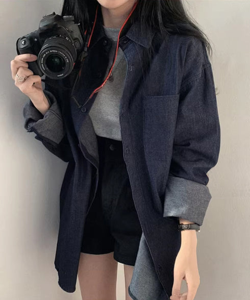 ビッグデニムシャツレディース重ね着お洒落 レイヤードビッグシャツ ゆったり カジュアルロングシャツ 体型カバー春秋トップス レトロ デニムチュニック 袖ボリューム 21SHANGYI-077