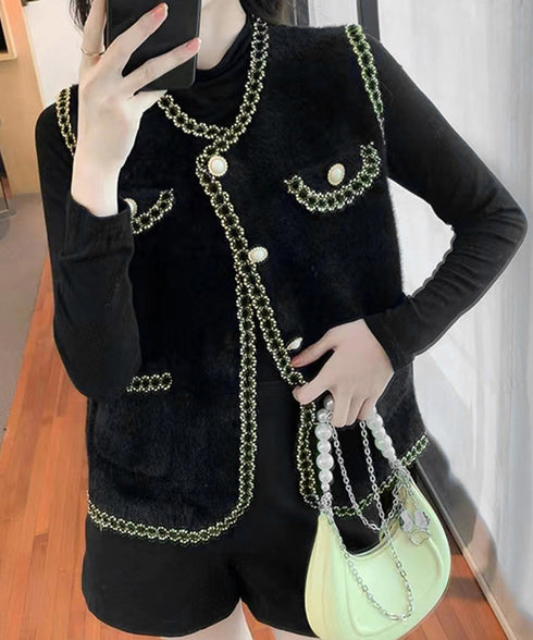 モヘア風ニットベストレディース韓国風秋服 ラメ入りジレベスト ノースリーブジャケット 前開きトップスパールボタン 羽織り お洒落ライトアウター きれいめフェミニン 21SHANGYI-081