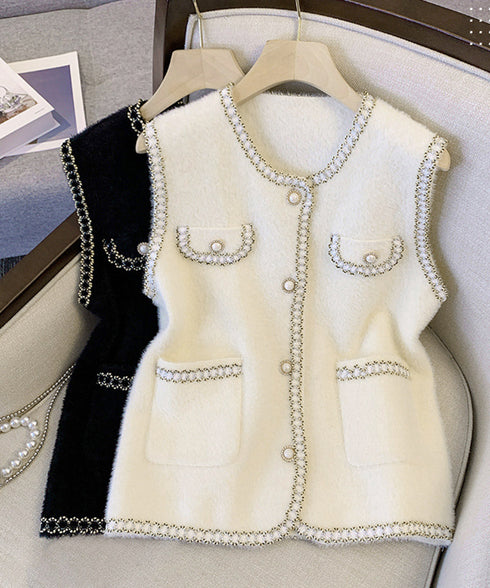モヘア風ニットベストレディース韓国風秋服 ラメ入りジレベスト ノースリーブジャケット 前開きトップスパールボタン 羽織り お洒落ライトアウター きれいめフェミニン 21SHANGYI-081