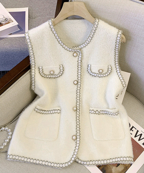 モヘア風ニットベストレディース韓国風秋服 ラメ入りジレベスト ノースリーブジャケット 前開きトップスパールボタン 羽織り お洒落ライトアウター きれいめフェミニン 21SHANGYI-081